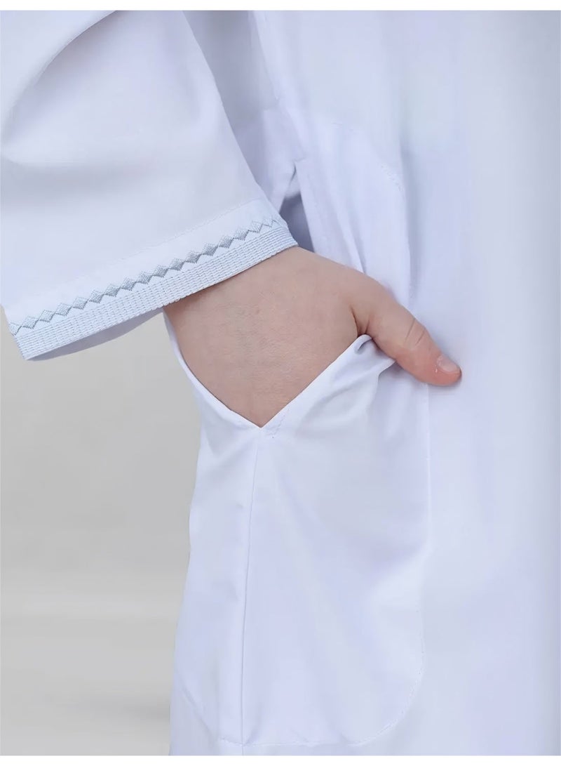 Alhadeel Boy's Emirati Kandura, Stitched Traditional Kids Arabic Kandora,Thobe, Dishdasha,Kaftan for Boys,Long Sleeve,with Side Pocket and Hidden Zipper Detail - Image 2